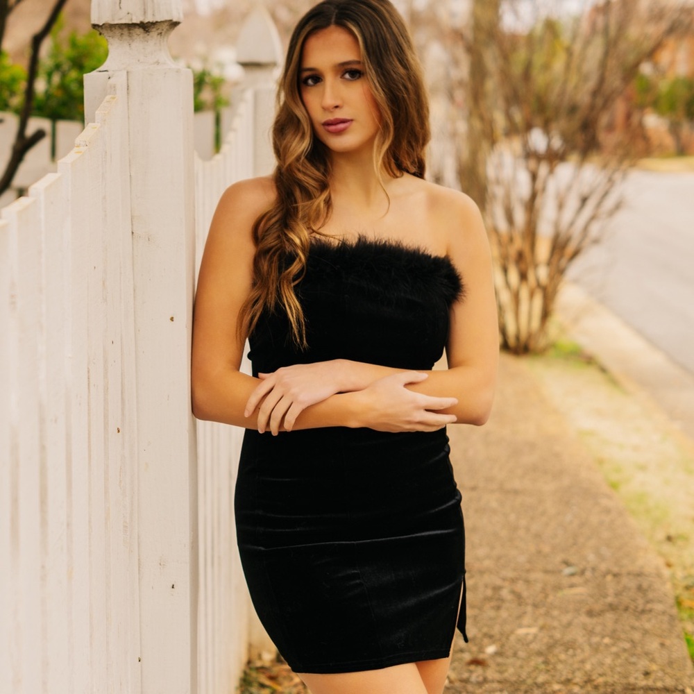 black dress with feather top